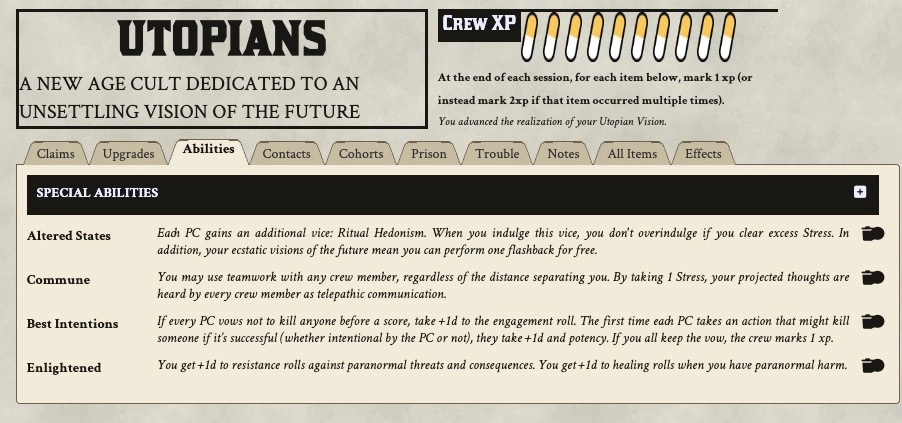 Crew abilities sheet